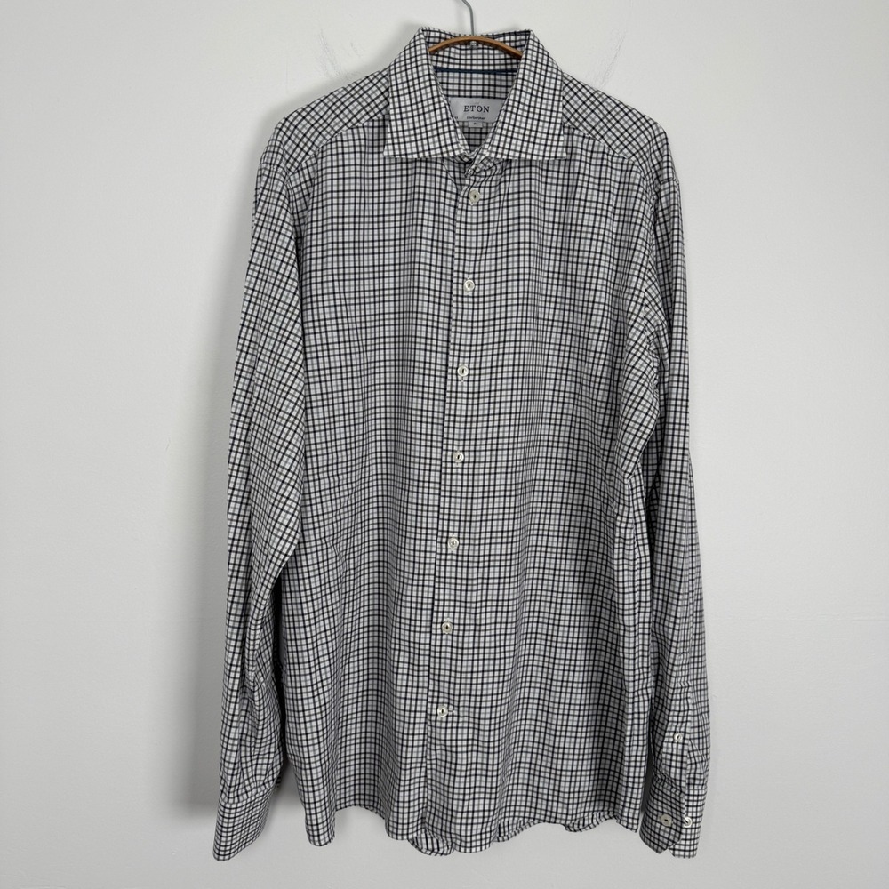Eton Contemporary Fit Dress Shirt Mens XL 17 Check Plaid Long Sleeve Navy Brown